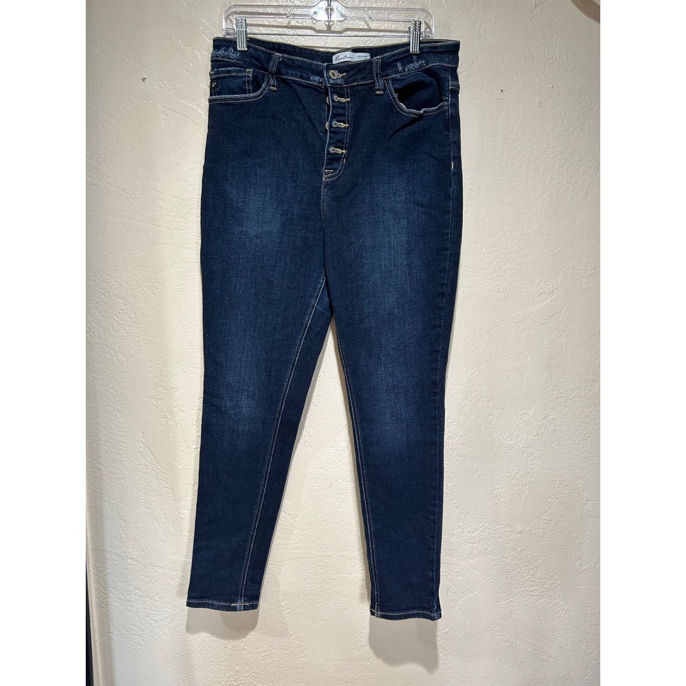 KanCan Womens High Rise Button Fly Skinny Jeans Dark Wash Distressed‎ Size 31